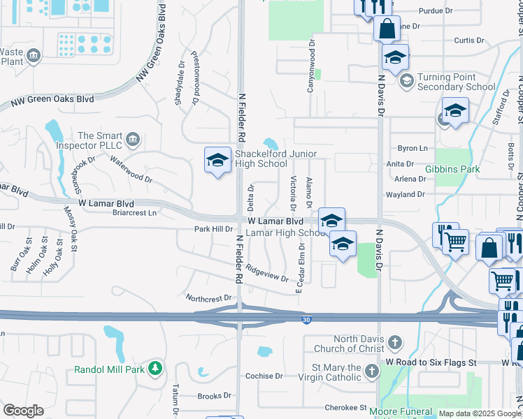 map of restaurants, bars, coffee shops, grocery stores, and more near 1902 Elmhurst Drive in Arlington