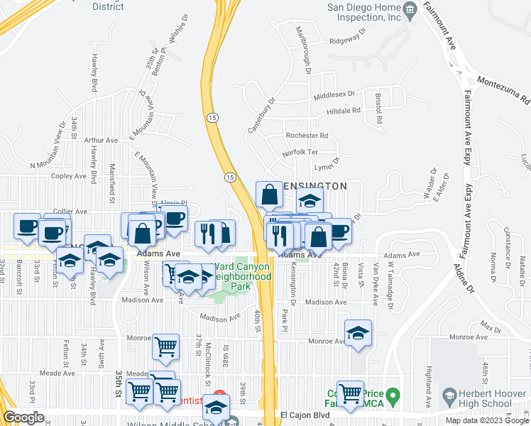 map of restaurants, bars, coffee shops, grocery stores, and more near 4030 Terrace Court in San Diego