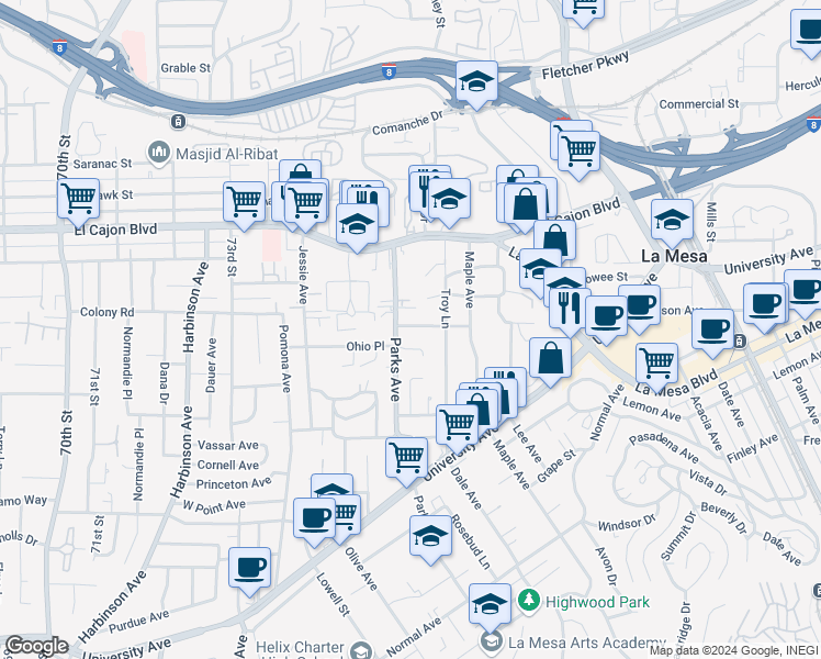 map of restaurants, bars, coffee shops, grocery stores, and more near 7654 Marie Avenue in La Mesa