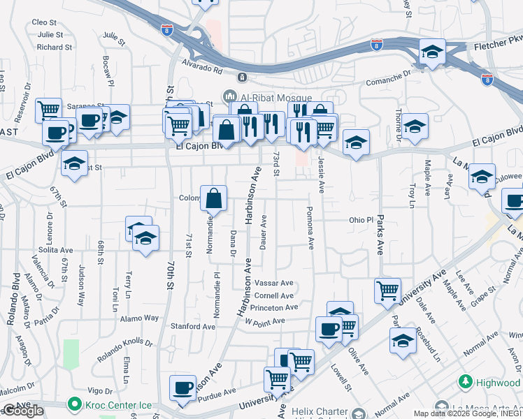 map of restaurants, bars, coffee shops, grocery stores, and more near 7212 Colony Road in La Mesa