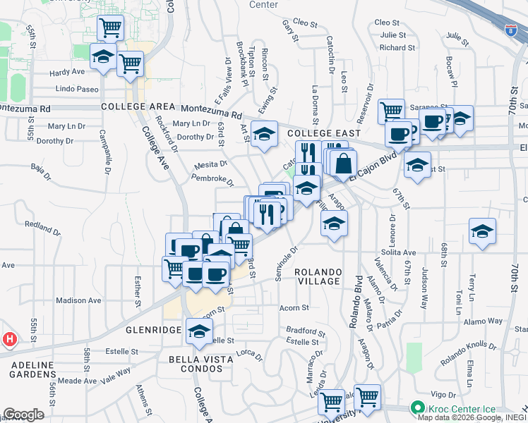 map of restaurants, bars, coffee shops, grocery stores, and more near 4847 Art Street in San Diego