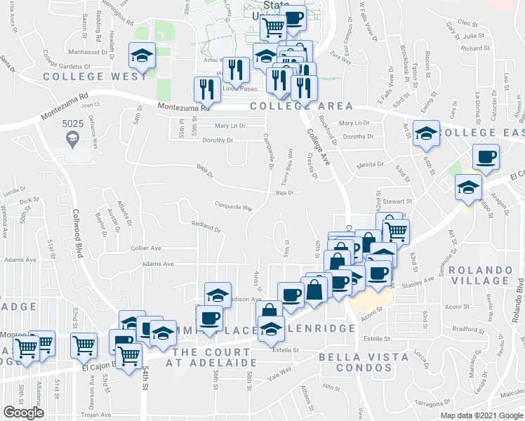 map of restaurants, bars, coffee shops, grocery stores, and more near 5775 Baja Drive in San Diego
