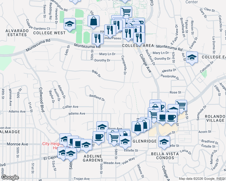 map of restaurants, bars, coffee shops, grocery stores, and more near 5718 Campanile Way in San Diego
