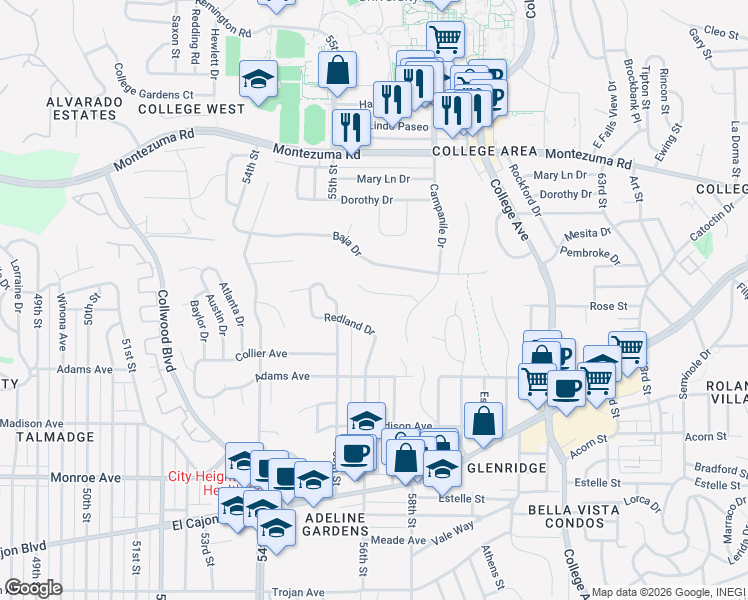 map of restaurants, bars, coffee shops, grocery stores, and more near 5628 Campanile Way in San Diego