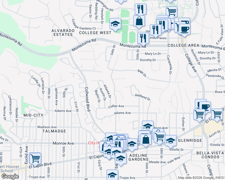 map of restaurants, bars, coffee shops, grocery stores, and more near 4841 54th Street in San Diego