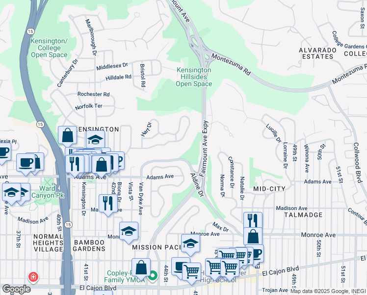map of restaurants, bars, coffee shops, grocery stores, and more near 4802 East Alder Drive in San Diego