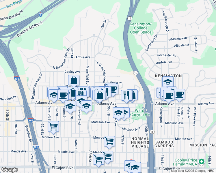 map of restaurants, bars, coffee shops, grocery stores, and more near 3610 Alexia Place in San Diego