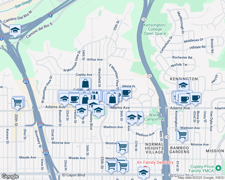 map of restaurants, bars, coffee shops, grocery stores, and more near 4827 35th Street in San Diego