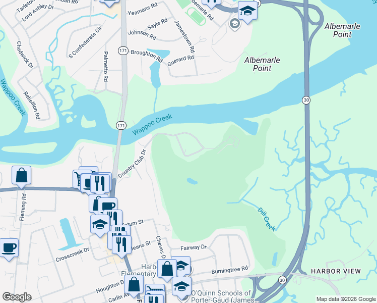 map of restaurants, bars, coffee shops, grocery stores, and more near 13 Country Club Drive in Charleston