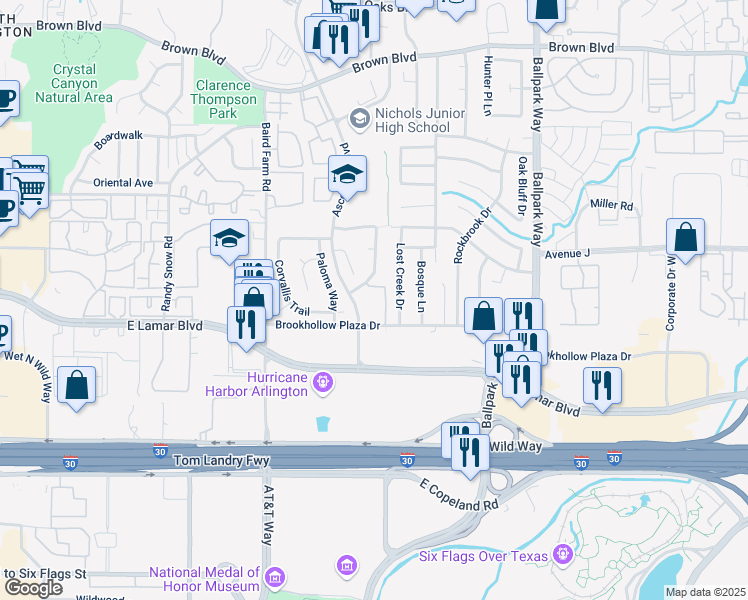 map of restaurants, bars, coffee shops, grocery stores, and more near 1918 Lost Creek Drive in Arlington
