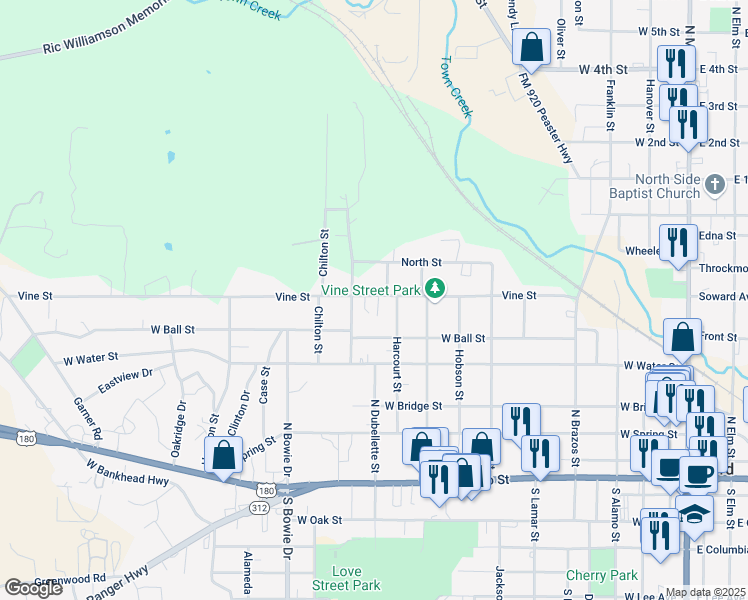 map of restaurants, bars, coffee shops, grocery stores, and more near 601 Harcourt Street in Weatherford