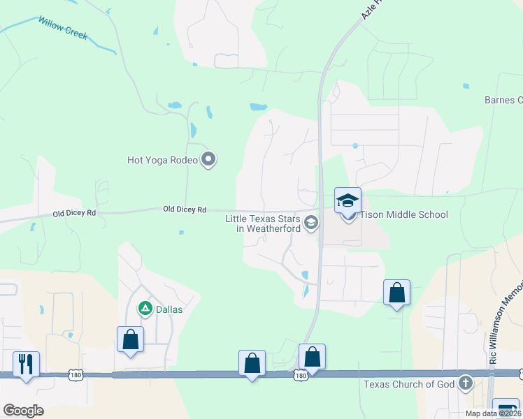 map of restaurants, bars, coffee shops, grocery stores, and more near 101 Woodland Trail in Weatherford