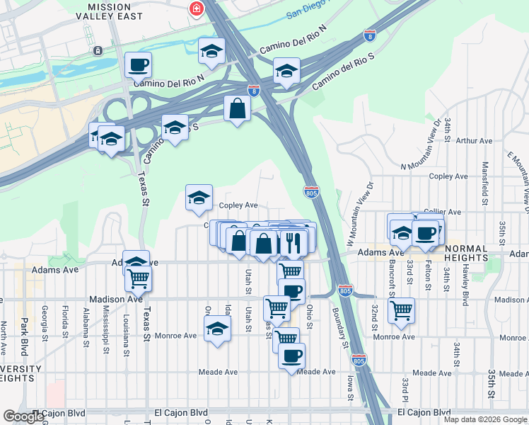map of restaurants, bars, coffee shops, grocery stores, and more near 2884 Copley Avenue in San Diego