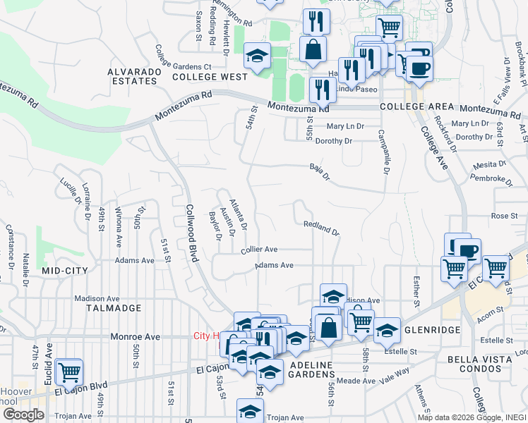 map of restaurants, bars, coffee shops, grocery stores, and more near 5412 New Mills Road in San Diego
