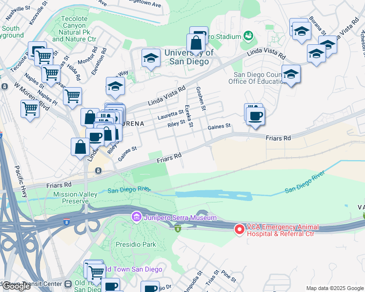 map of restaurants, bars, coffee shops, grocery stores, and more near 5757 Gaines Street in San Diego