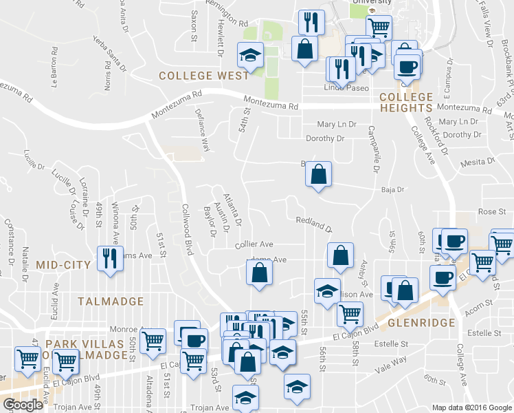 map of restaurants, bars, coffee shops, grocery stores, and more near 5412 New Mills Road in San Diego