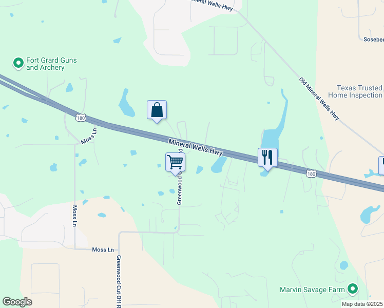 map of restaurants, bars, coffee shops, grocery stores, and more near 121 Greenwood Cut Off Road in Weatherford