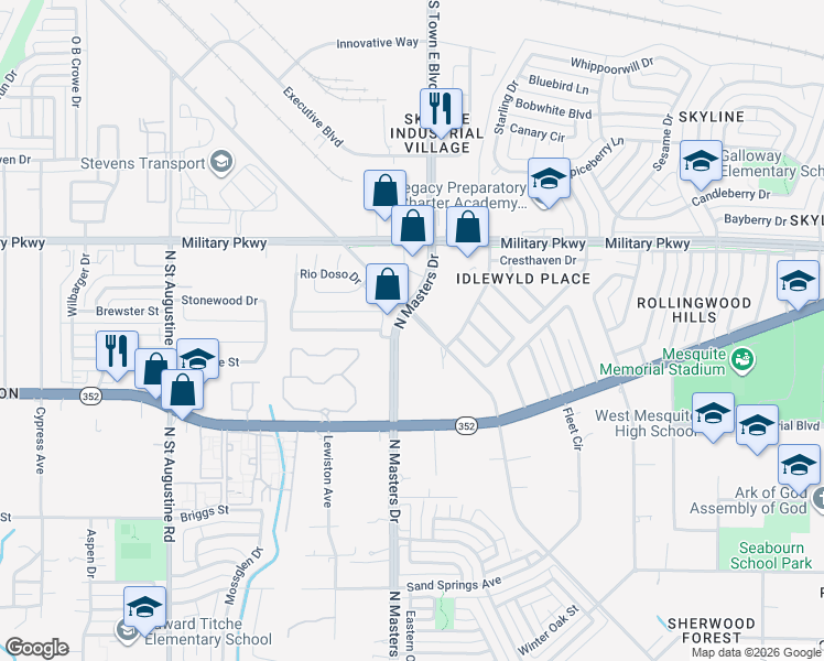 map of restaurants, bars, coffee shops, grocery stores, and more near 3528 Chilmark Way in Dallas