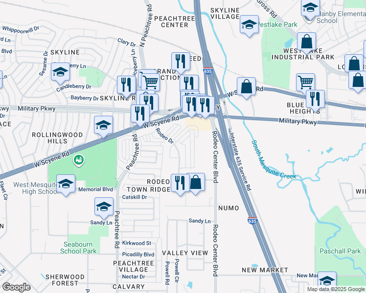 map of restaurants, bars, coffee shops, grocery stores, and more near 2128 Crooked Bow Drive in Mesquite