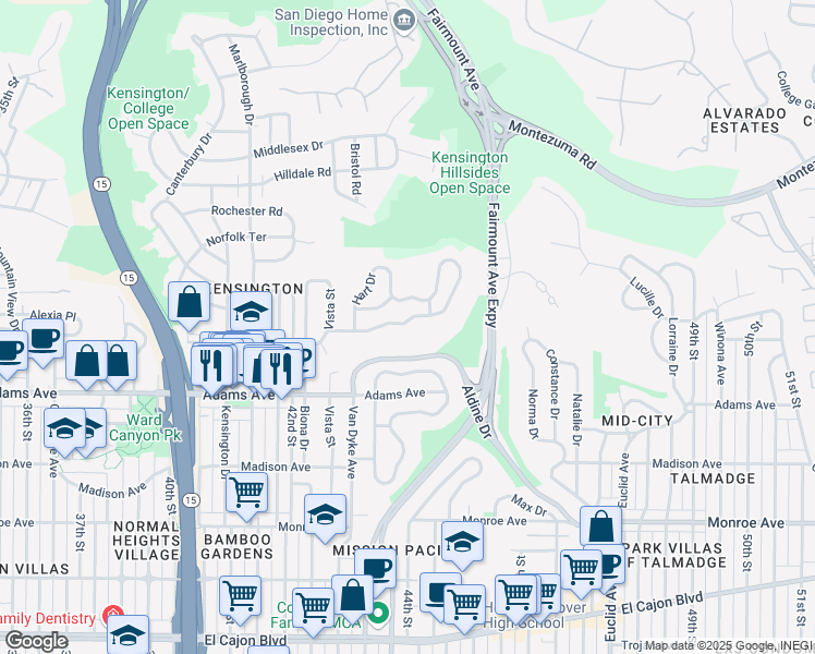 map of restaurants, bars, coffee shops, grocery stores, and more near 4365 Alder Drive in San Diego