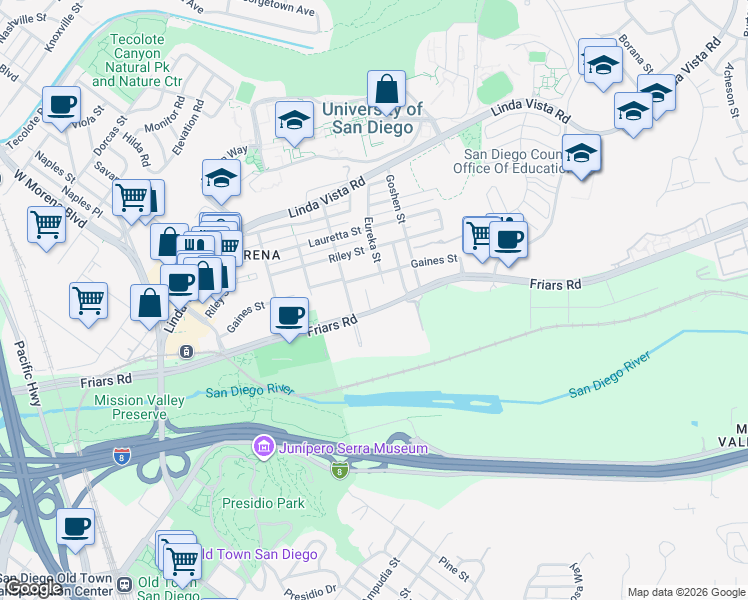 map of restaurants, bars, coffee shops, grocery stores, and more near 1055 Donahue Street in San Diego