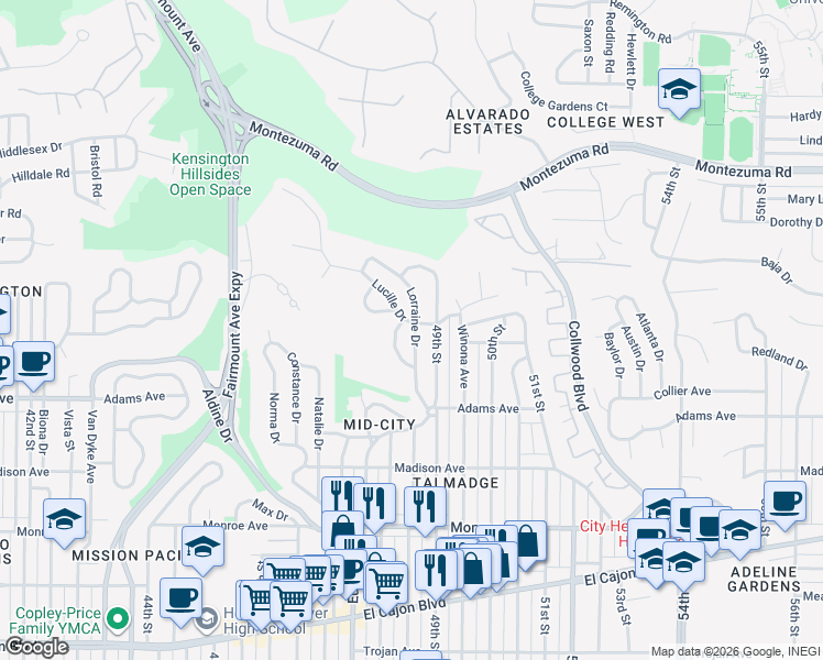 map of restaurants, bars, coffee shops, grocery stores, and more near 4818 Lucille Drive in San Diego