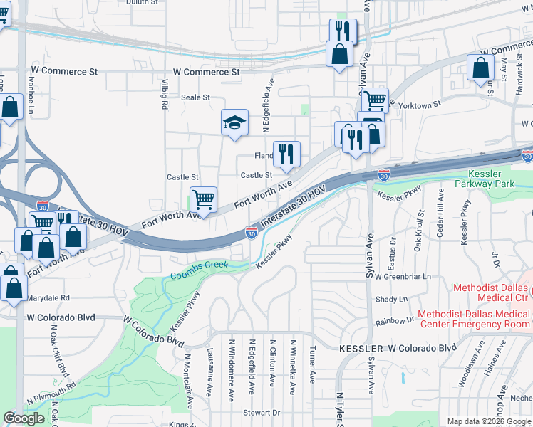 map of restaurants, bars, coffee shops, grocery stores, and more near 1547 Clinton Avenue in Dallas