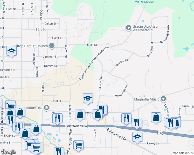 map of restaurants, bars, coffee shops, grocery stores, and more near 117 Oakwood Drive in Weatherford