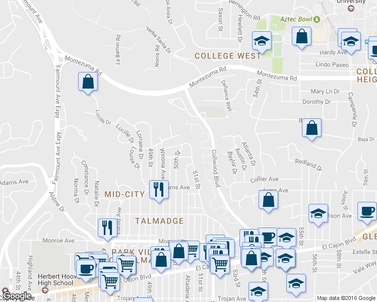 map of restaurants, bars, coffee shops, grocery stores, and more near 4849 51st Street in San Diego