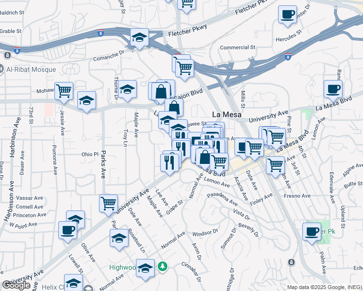 map of restaurants, bars, coffee shops, grocery stores, and more near 7916 La Mesa Boulevard in La Mesa