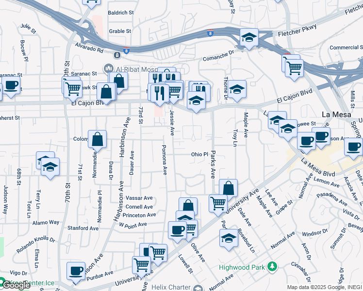 map of restaurants, bars, coffee shops, grocery stores, and more near 4750 Jessie Avenue in La Mesa