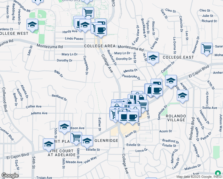 map of restaurants, bars, coffee shops, grocery stores, and more near 4840 College Avenue in San Diego
