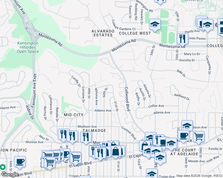 map of restaurants, bars, coffee shops, grocery stores, and more near 4849 51st Street in San Diego