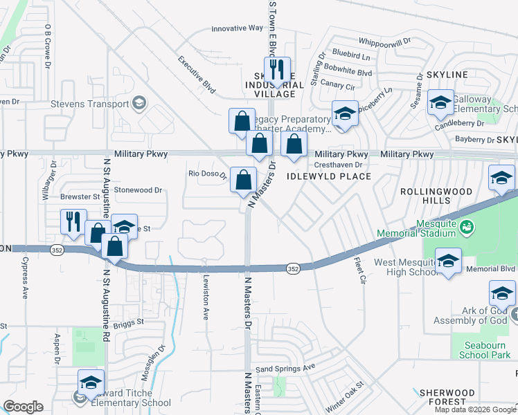 map of restaurants, bars, coffee shops, grocery stores, and more near 3528 Chilmark Way in Dallas