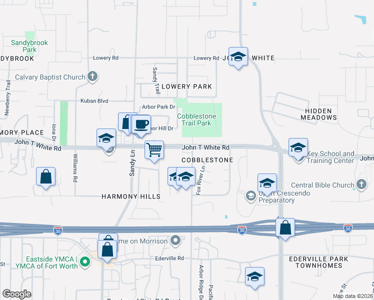 map of restaurants, bars, coffee shops, grocery stores, and more near 7601 John T White Road in Fort Worth