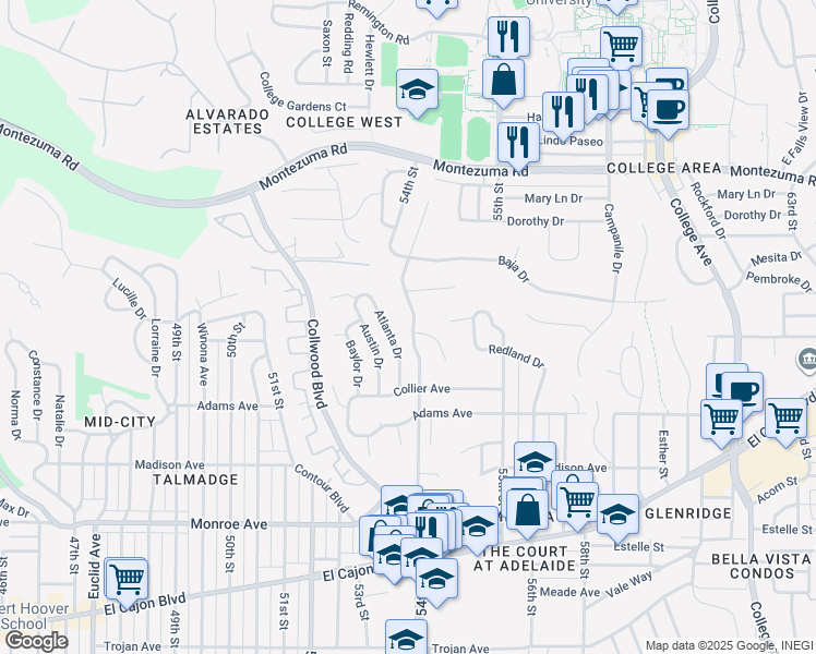 map of restaurants, bars, coffee shops, grocery stores, and more near 4841 54th Street in San Diego