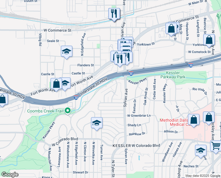 map of restaurants, bars, coffee shops, grocery stores, and more near 1503 Kessler Parkway in Dallas