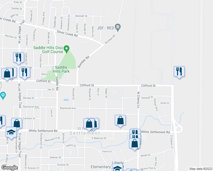 map of restaurants, bars, coffee shops, grocery stores, and more near Clifford Street & Ralph Street in White Settlement