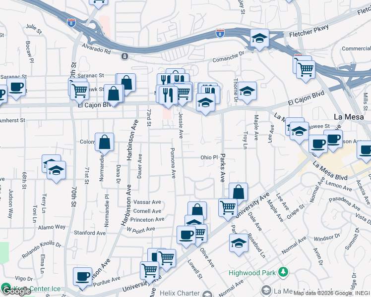 map of restaurants, bars, coffee shops, grocery stores, and more near 4750 Jessie Avenue in La Mesa