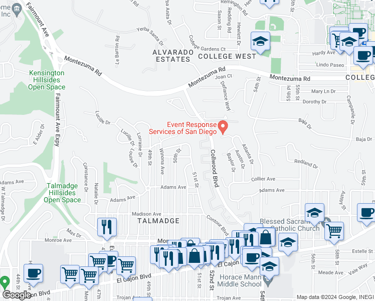 map of restaurants, bars, coffee shops, grocery stores, and more near 4820 51st Street in San Diego