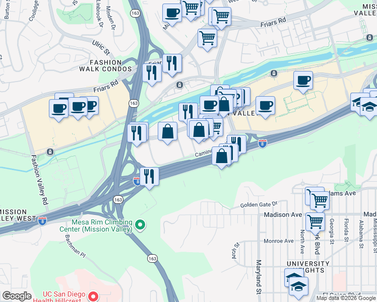 map of restaurants, bars, coffee shops, grocery stores, and more near 750 Camino Del Rio North in San Diego