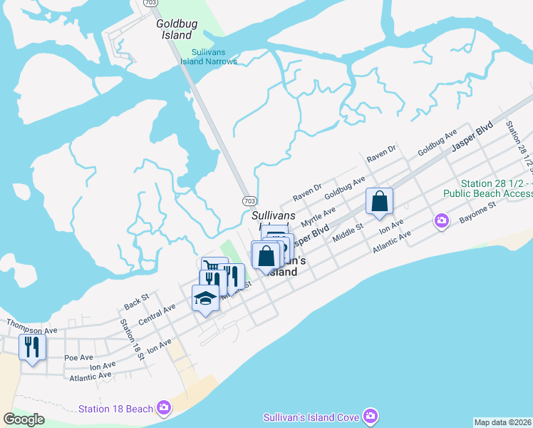 map of restaurants, bars, coffee shops, grocery stores, and more near 424 Station 22 1/2 Street in Sullivan's Island