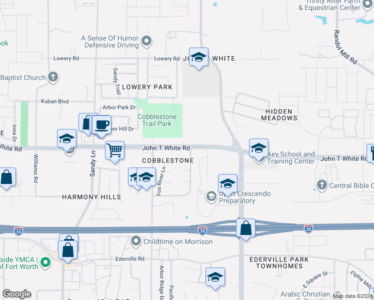 map of restaurants, bars, coffee shops, grocery stores, and more near 7651 John T White Road in Fort Worth