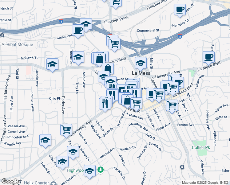 map of restaurants, bars, coffee shops, grocery stores, and more near 7916 La Mesa Boulevard in La Mesa
