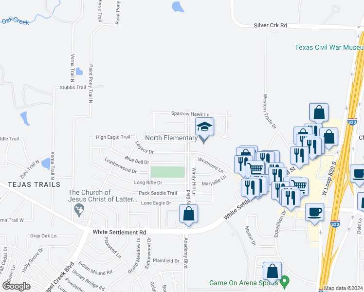 map of restaurants, bars, coffee shops, grocery stores, and more near 9905 Peregrine Trail in Fort Worth
