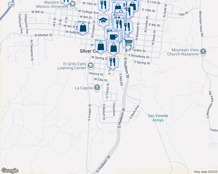 map of restaurants, bars, coffee shops, grocery stores, and more near 720 South Bullard Street in Silver City