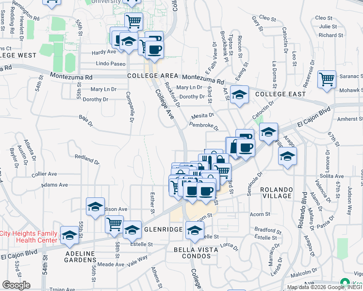 map of restaurants, bars, coffee shops, grocery stores, and more near 4840 College Avenue in San Diego