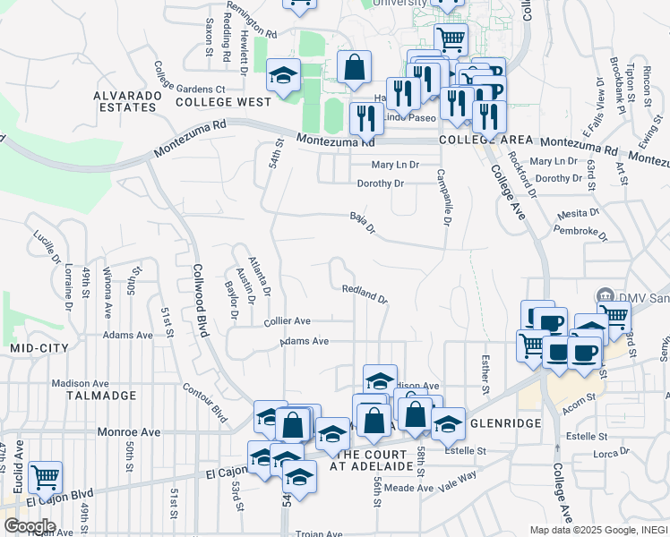 map of restaurants, bars, coffee shops, grocery stores, and more near 5416 Redland Drive in San Diego