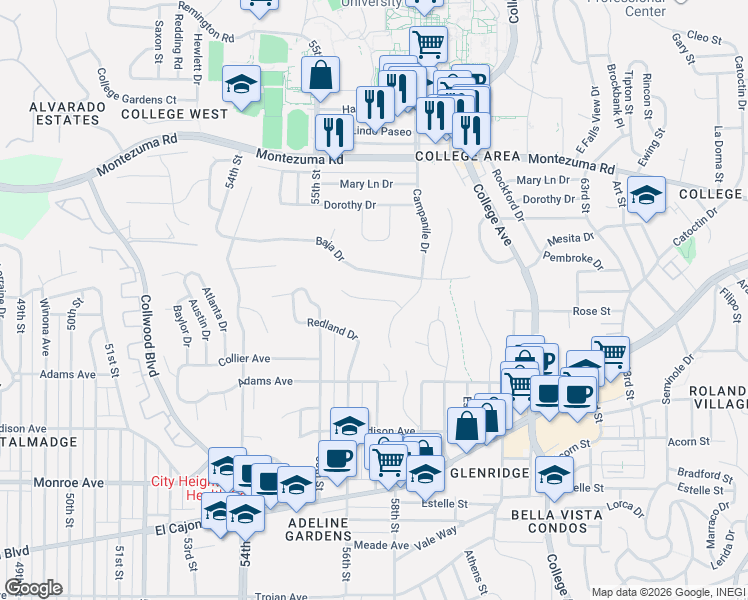 map of restaurants, bars, coffee shops, grocery stores, and more near Campanile Way in San Diego