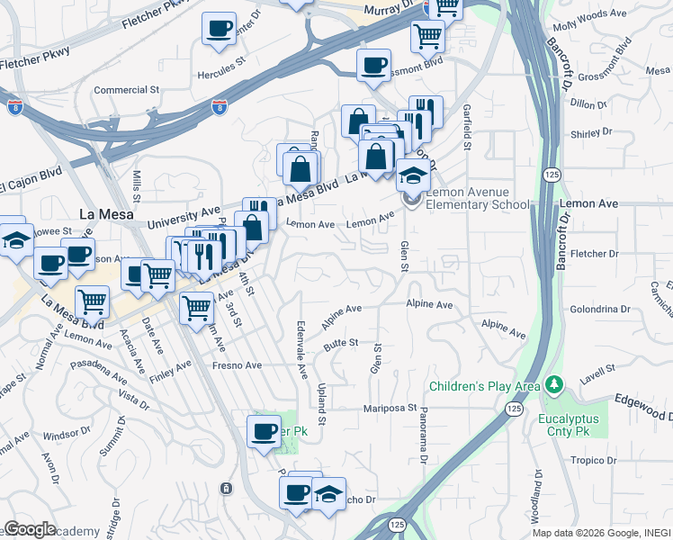 map of restaurants, bars, coffee shops, grocery stores, and more near 8580 Chevy Chase Drive in La Mesa